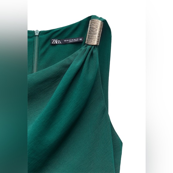 ZARA New Stunning Medium Gold Metal Piece Asymmetric Green MIDI Dress Front Slit - Picture 6 of 15
